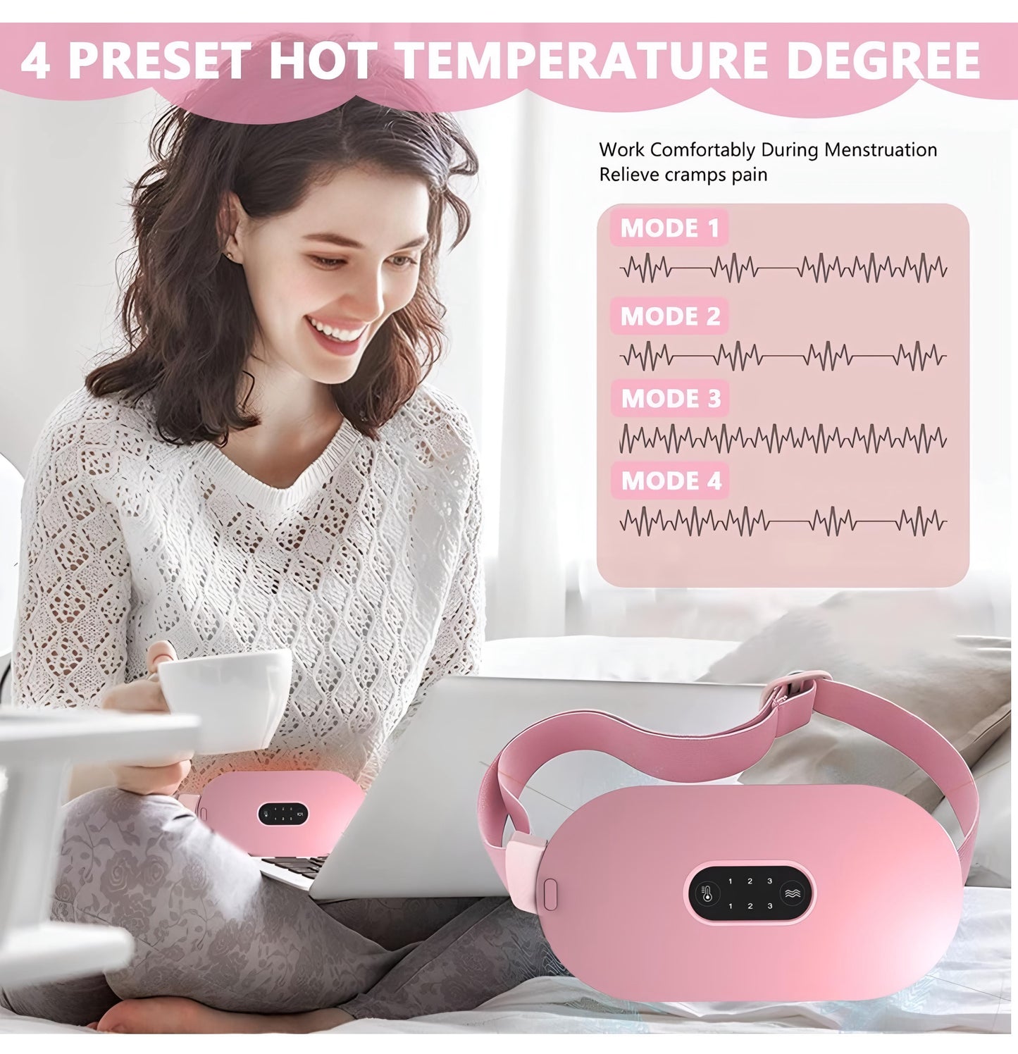 Portable Cordless Period Cramp Relief Massager & Heating Pad, 3 Temperatures, 4 Massage Modes, Fast Heating